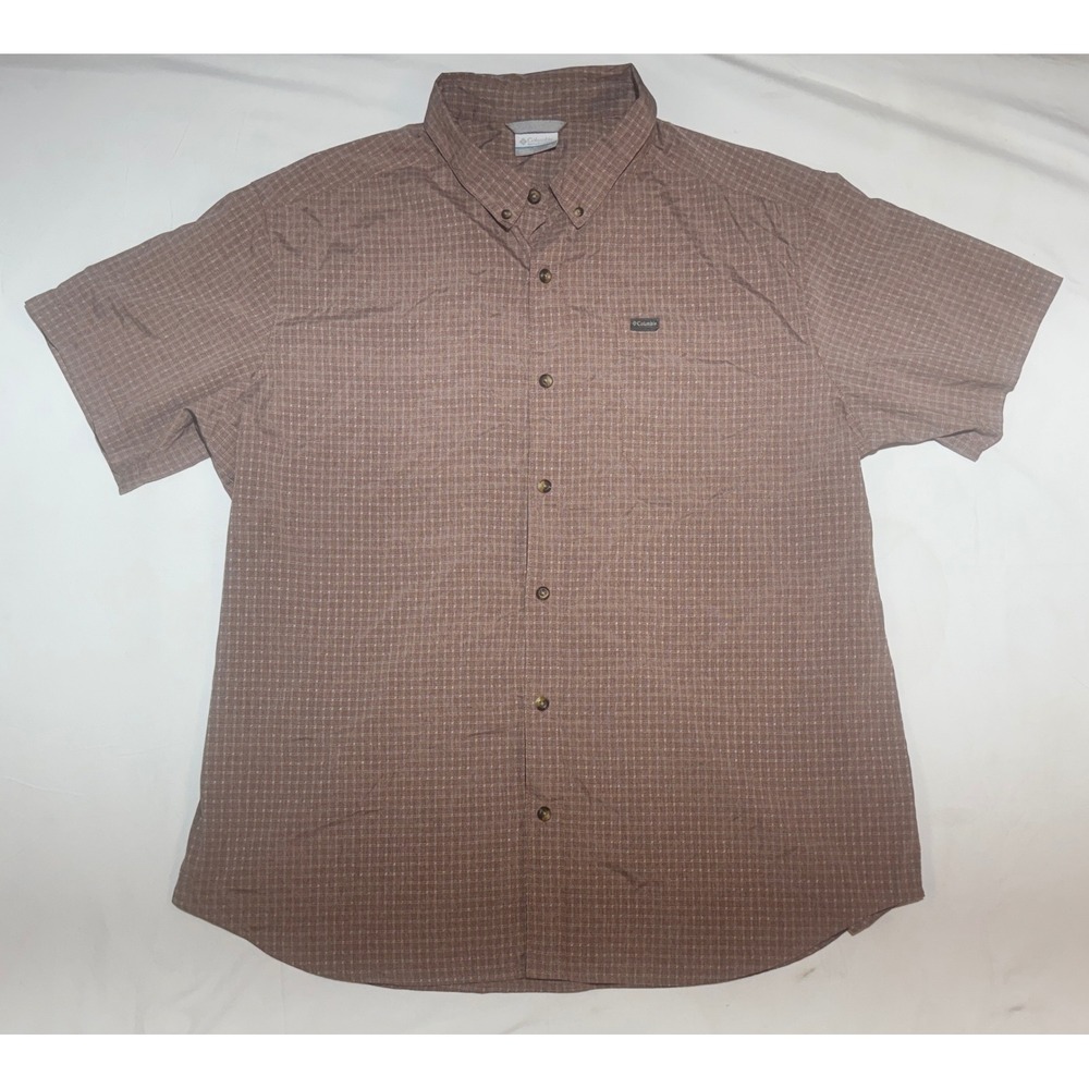 Columbia Mens XL Short Sleeve Button Down Shirt Brown Grid XM7783 Stretch